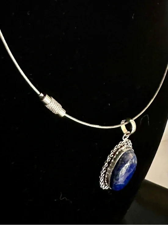 Lapis Lazuli Silver Plated Oval Pendant Choker Necklace - Picture 3 of 9